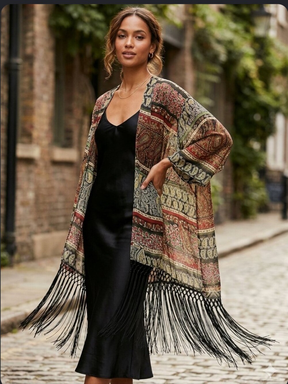 Boho Fringe Open-Front Kimono Sweater - Multi Brown Woman's Large